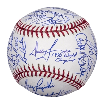 1980 World Series Champion Philadelphia Phillies Team Signed OML Selig Baseball With 25 Signatures Including Carlton, Schmidt, Rose, and Green (Beckett)